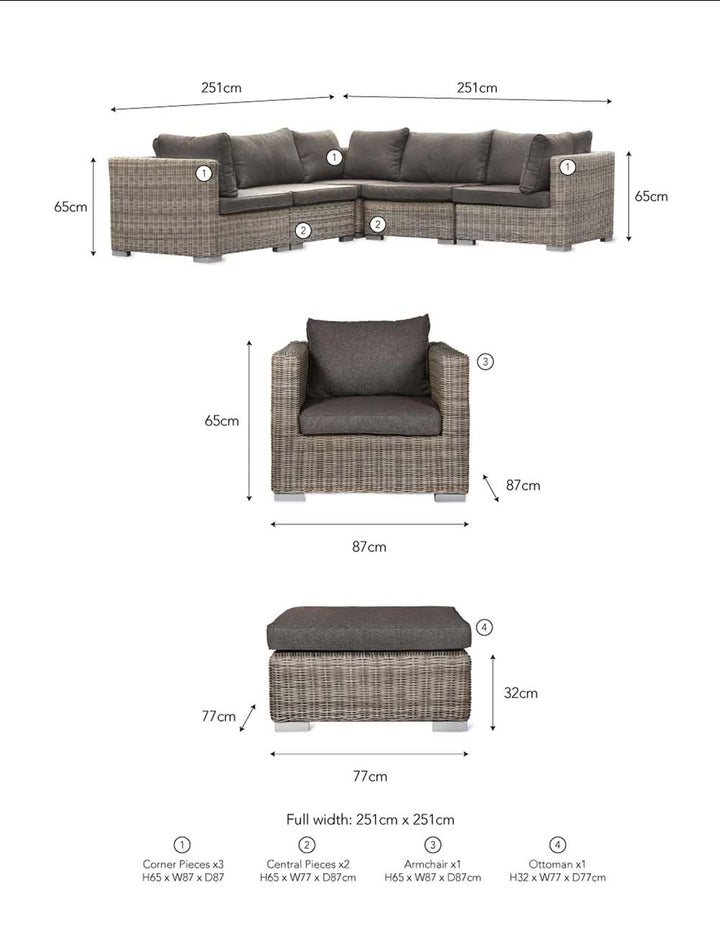 Marden All Weather Outdoor Rattan Corner Sofa with Coffee Table and Ottoman