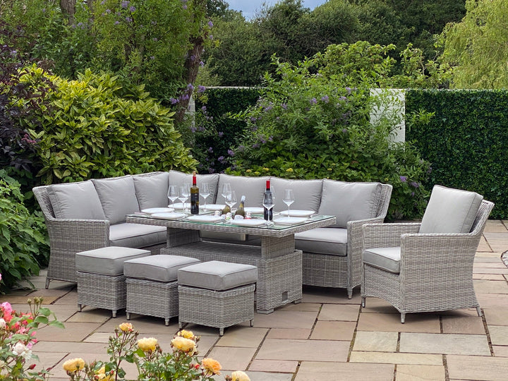 Portofino Rattan Corner Outdoor Garden Dining Set with Rising Table, Icebucket and Armchair