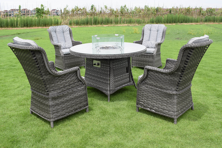 Amalfi 4 Seater Rattan Outdoor Round Garden Firepit Dining Set in Dark Grey