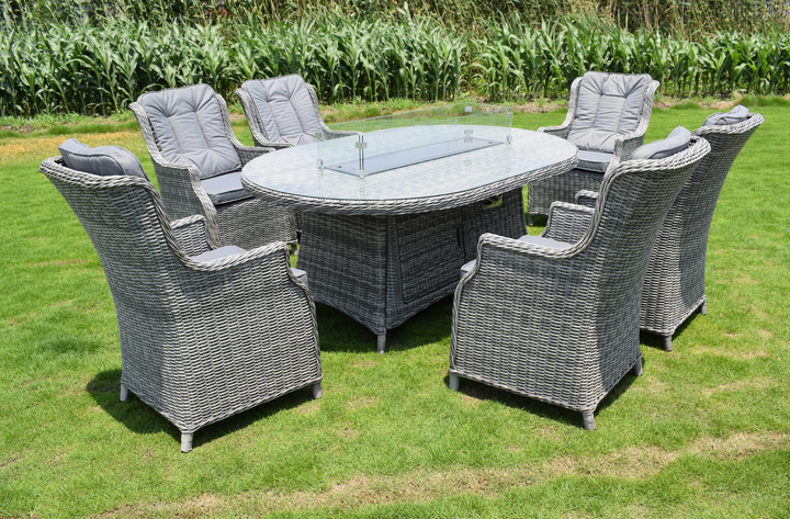 Amalfi 6 Seater Oval Outdoor Garden Firepit Dining Set in Dark Grey Rattan