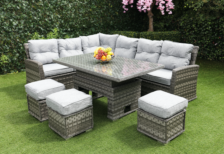 Amalfi Adjustable Casual Outdoor Garden Dining Set in Dark Grey Rattan with Rising Table