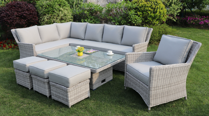 Portofino Rattan Corner Outdoor Garden Dining Set with Rising Table, Icebucket and Armchair