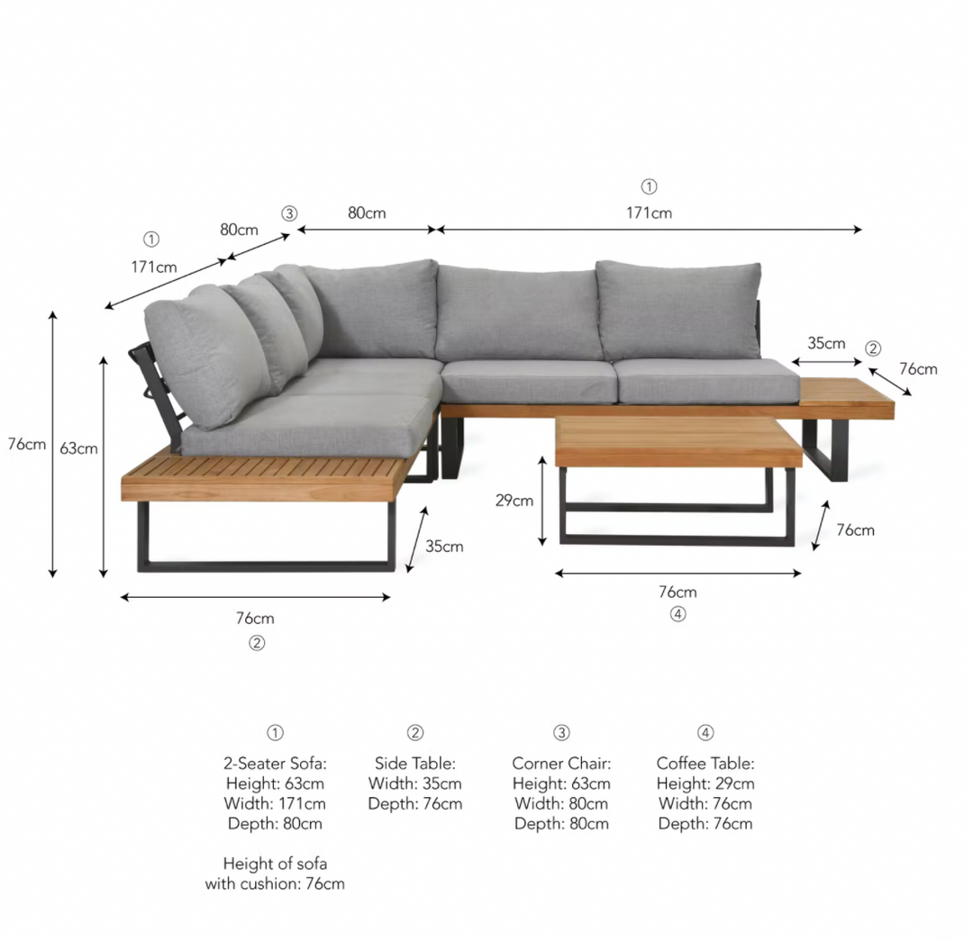 Amberley Teak & Steel Outdoor Sofa Set with Coffee Table