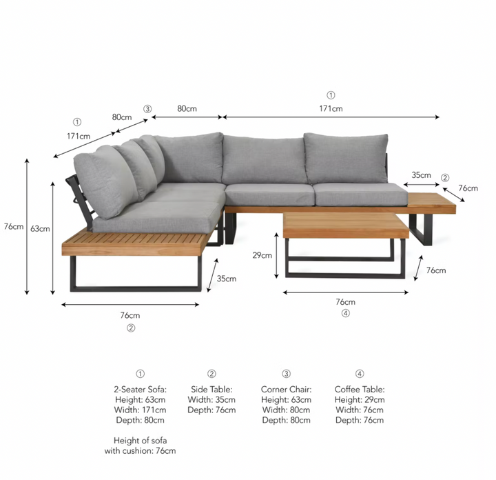 Amberley Teak & Steel Outdoor Sofa Set with Coffee Table