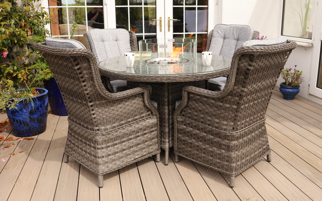 Amalfi 4 Seater Rattan Outdoor Round Garden Firepit Dining Set in Dark Grey